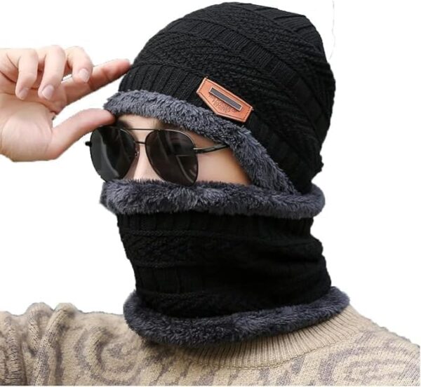 Woolen Black Winter Beanie Hat and Neck Warmer Set